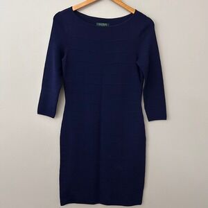 Lauren Ralph Lauren Navy Blue Sheath Dress Small Knee Length 3/4 Sleeve Boatneck